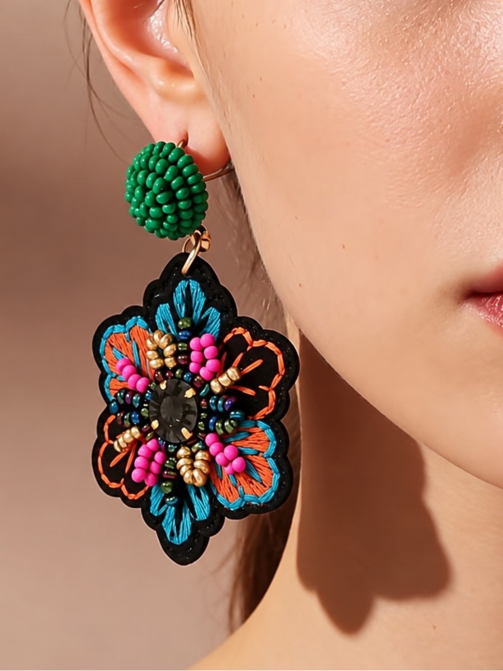 Anthropologie Beaded Floral Statement Earrings Multicolor Boho Embroidered NWOT